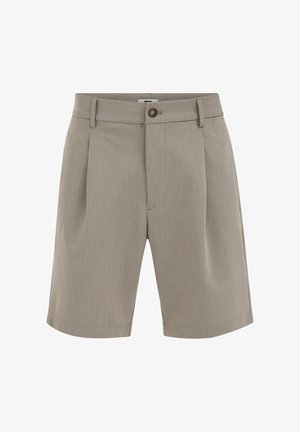 Beežid põlvepikkused kohandatud püksid vööaasade, ees oleva nupu ja tõmbluku kinnituse ning peente eesmiste voldikuga.