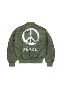 Veste bomber vert olive avec symbole de paix blanc usé et texte « PEACE » dans le dos, poignets et ceinture côtelés.