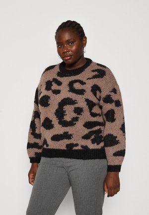 Vero Moda Curve VMCZELMA O NECK  - Svetrík - brown/black