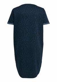 Mörkblå T-shirtklänning med svart leopardtryck, korta ärmar och en lös, förlängd form; mjuk tygtextur.