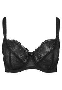 Sutiã de renda preta com bordado floral, copas de malha transparente, alças ajustáveis e um pequeno detalhe de laço na parte frontal.