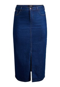 Denim krilo v temno modri barvi s ravnim krojem, sprednjim razporkom in kontrastnim šivanjem. Ima pas in pet žepov.