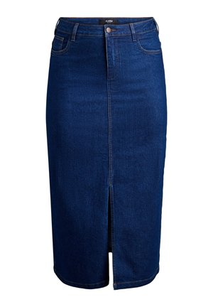 Gonna di jeans di colore blu scuro, con taglio dritto, spacco frontale e cuciture a contrasto. Presenta una vita e cinque tasche.