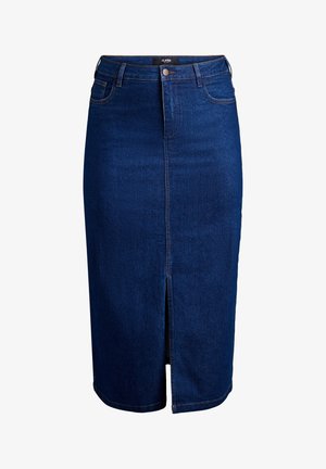 Falda de mezclilla en azul oscuro con corte recto, abertura frontal y costuras en contraste. Cuenta con una cinturilla y cinco bolsillos.