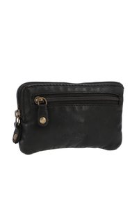 Must värviline nahast rahakott, millel on sile tekstuur, messingist riistvaraga aksessuaarid ja esiküljel reljeefne logo. Kompaktne ristkülikukujuline kuju.