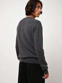 Grauer Strickpullover mit langen Ärmeln, rundem Halsausschnitt und geripptem Saum. Weiches Material und glatte Textur, von hinten gezeigt.