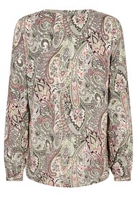 Camicia a maniche lunghe con un motivo paisley colorato nei toni del rosa, verde e nero su uno sfondo chiaro, con un collo rotondo.