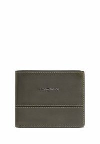 Green leather wallet with a smooth texture. Features stitch detailing and a silver logo accent. Compact, rectangular shape.