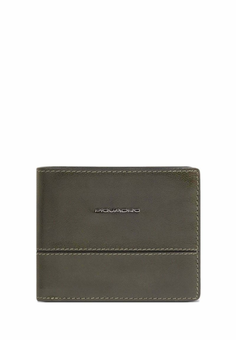 Green leather wallet with a smooth texture. Features stitch detailing and a silver logo accent. Compact, rectangular shape.
