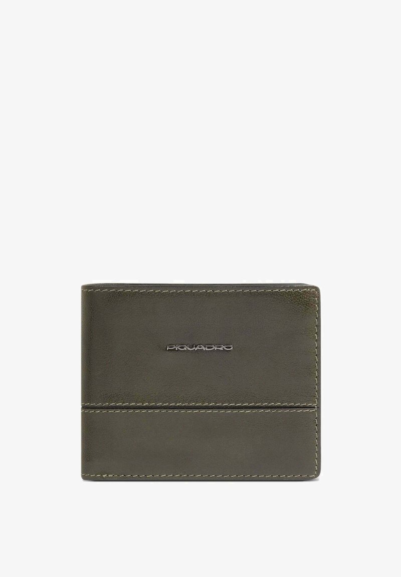 Green leather wallet with a smooth texture. Features stitch detailing and a silver logo accent. Compact, rectangular shape.