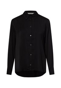 Camicia nera a maniche lunghe con bottoni, realizzata in tessuto liscio, caratterizzata da un colletto a punta, bottoni frontali e un orlo curvo.