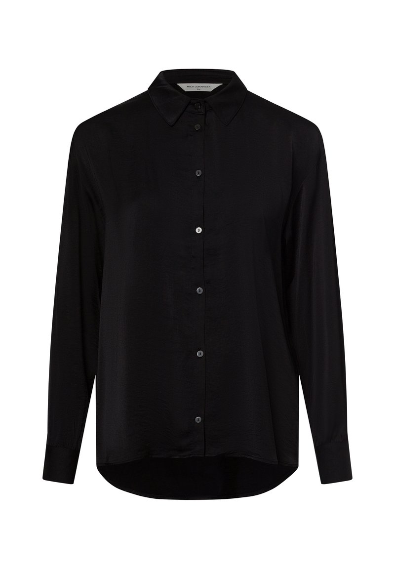 Camicia nera a maniche lunghe con bottoni, realizzata in tessuto liscio, caratterizzata da un colletto a punta, bottoni frontali e un orlo curvo.