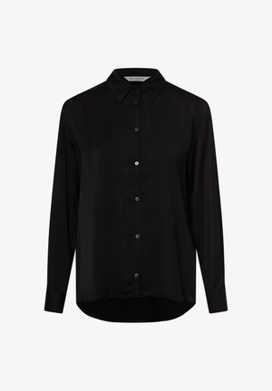 Zwart overhemd met lange mouwen en knopen, met een puntige kraag en licht gebogen zoom, gemaakt van gladde stof.