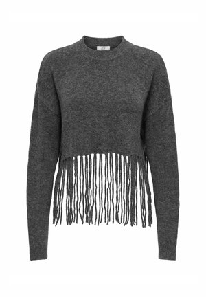 Tumši pelēks īss džemperis ar garu frēžu dekoru ap apakšu, izgatavots no mīksta, teksturēta auduma, ar apaļu kakla izgriezumu un garām piedurknēm.
