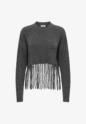 Suéter recortado gris oscuro con largos flecos en el dobladillo, hecho de una suave tela texturizada, con un escote redondo y mangas largas.