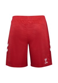 Rote kurze Sporthose aus glattem, leichtem Stoff mit strukturierter Oberfläche. Verfügt über weiße Seitenstreifen und ein Logo am unteren Bein.