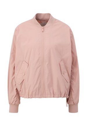 Light pink bomber jacket made of smooth material, featuring a front zipper, elastic cuffs, and slanted side pockets.