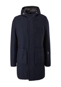 Męski granatowy zimowy płaszcz z kapturem, przednimi kieszeniami, zamkiem na rękawie i wysokim kołnierzem ze ściągaczami na troczki.