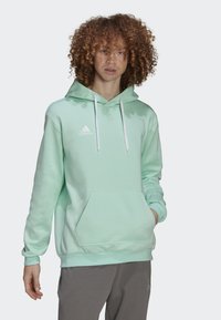 Mintgroene hoodie van zachte stof, met een voorzak, witte trekkoorden en een klein wit logo op de linkerborst.