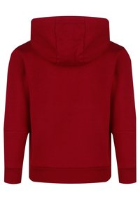 Rød hættetrøje med blødt, tekstureret stof, der har en løs pasform og ribbede manchetter. Bagfra ses detaljer på hætten.