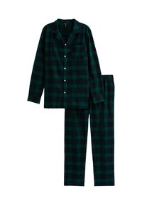 Set di pigiami in flanella a quadri verde scuro e nero. Maglietta con maniche lunghe e bottone, dotata di tasca sul petto, pantaloni coordinati con cintura elasticizzata.