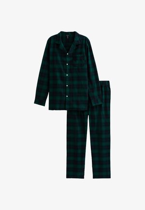 Ensemble de pyjama en flanelle à carreaux noir et vert foncé. Haut à manches longues avec boutons et poche poitrine, pantalon assorti avec taille élastique.