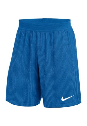 Blue athletic shorts made of textured fabric, featuring a ribbed waistband and a small white Nike logo on the lower left side.