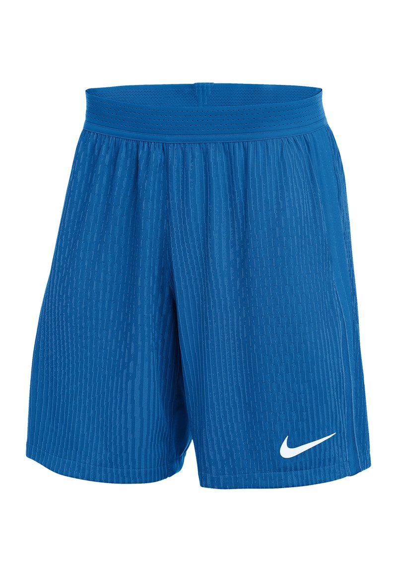 Blaue Sportshorts aus strukturiertem Stoff, mit einem gerippten Bund und einem kleinen weißen Nike-Logo auf der unteren linken Seite.