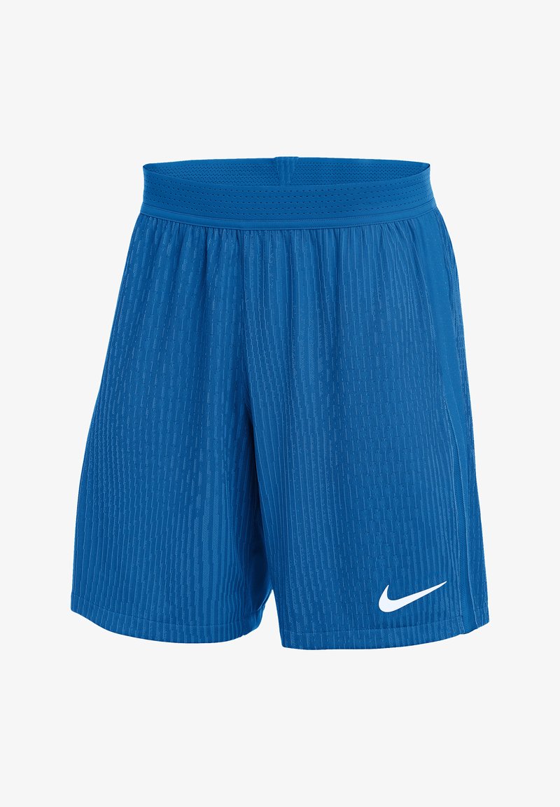 Blaue Sportshorts aus strukturiertem Stoff, mit einem gerippten Bund und einem kleinen weißen Nike-Logo auf der unteren linken Seite.