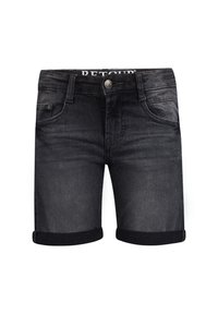 Zwarte denim shorts met een lichte vervaging, met opgerolde randen, vijf zakken en een sluiting met een knop aan de voorkant. Logo zichtbaar op de tailleband.
