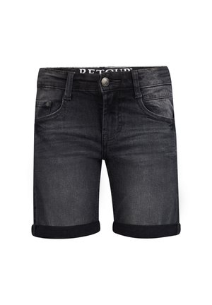 Schwarze Jeanskurzshorts mit leichter Verwaschung, ausgestattet mit umgeschlagenen Säumen, fünf Taschen und einem vorderen Knopfverschluss. Logo auf dem Bund sichtbar.