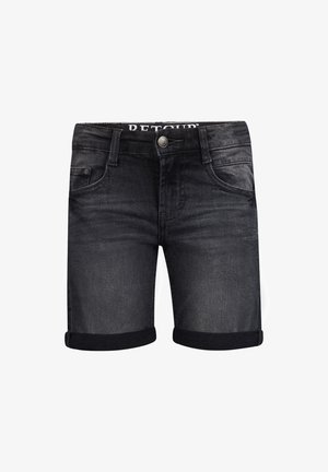 Schwarze Jeanskurzshorts mit leichter Verwaschung, ausgestattet mit umgeschlagenen Säumen, fünf Taschen und einem vorderen Knopfverschluss. Logo auf dem Bund sichtbar.