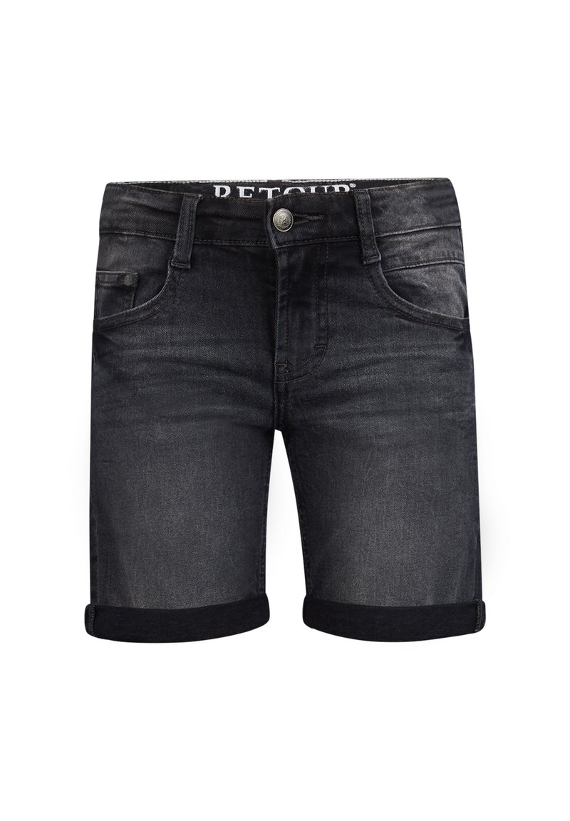 Zwarte denim shorts met een lichte vervaging, met opgerolde randen, vijf zakken en een sluiting met een knop aan de voorkant. Logo zichtbaar op de tailleband.
