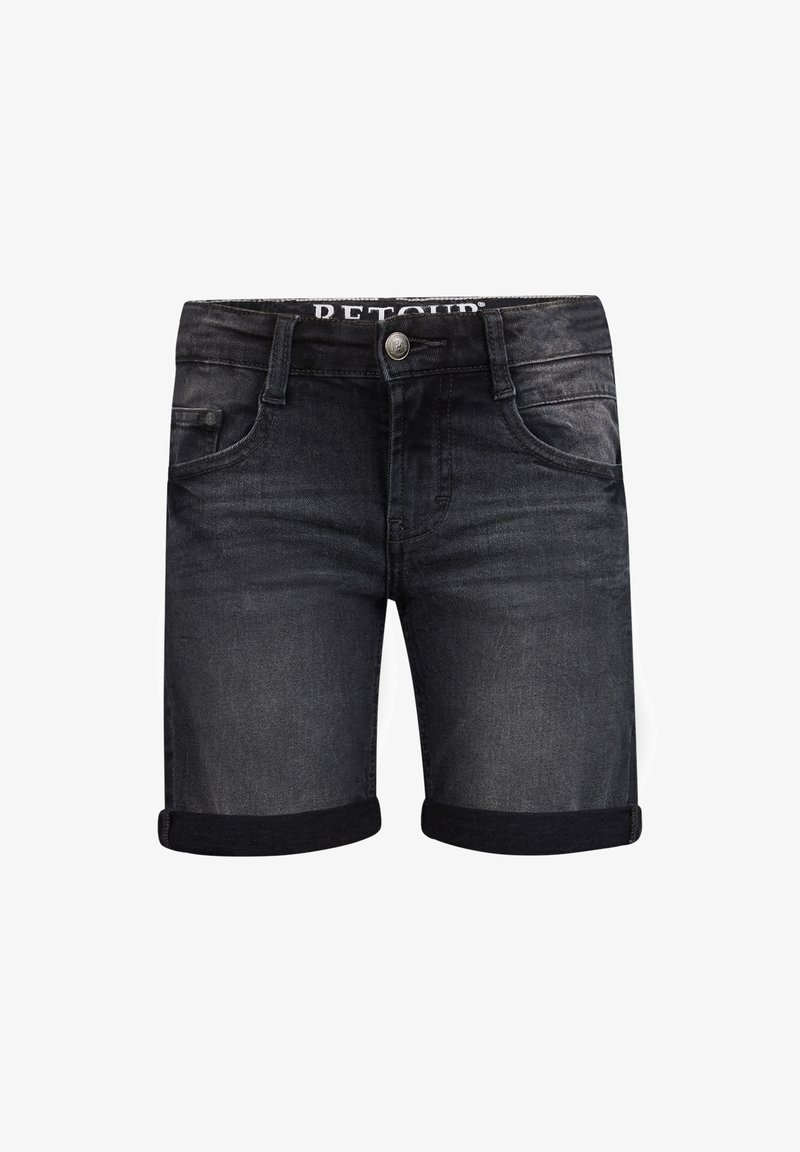 Zwarte denim shorts met een lichte vervaging, met opgerolde randen, vijf zakken en een sluiting met een knop aan de voorkant. Logo zichtbaar op de tailleband.