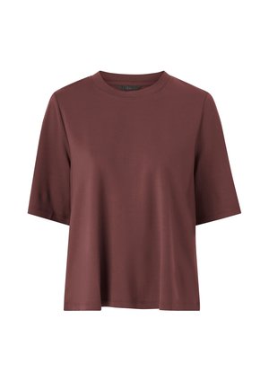 T-shirt à manches courtes et col rond en bordeaux uni, fabriqué en tissu lisse, présentant une coupe ample et un ourlet droit. Sans détails supplémentaires.