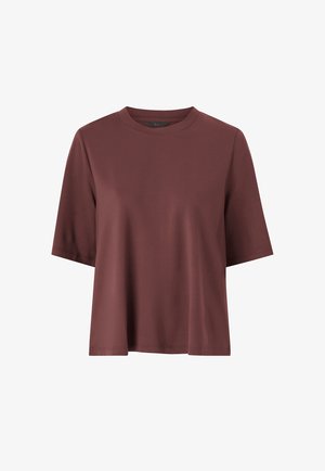 T-shirt à manches courtes et col rond en bordeaux uni, fabriqué en tissu lisse, présentant une coupe ample et un ourlet droit. Sans détails supplémentaires.