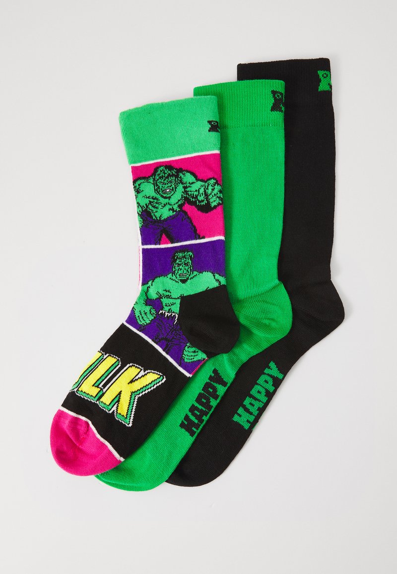 Three pairs of crew socks: one green with Hulk graphic, one black, one bright green with "HAPPY" text. Made of soft, stretchy fabric.