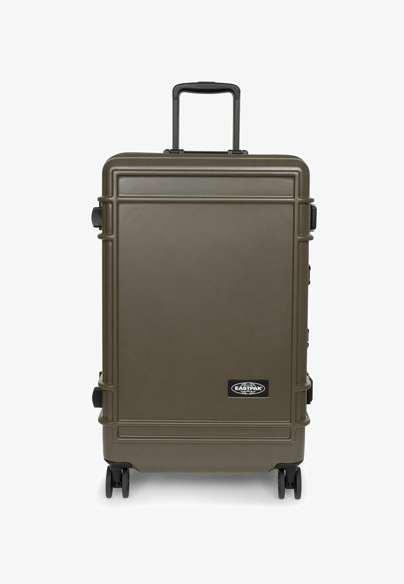Hårdshell resväska i olivgrön, med en elegant design, utdragbart handtag, fyra hjul och en framträdande logotyp på framsidan.