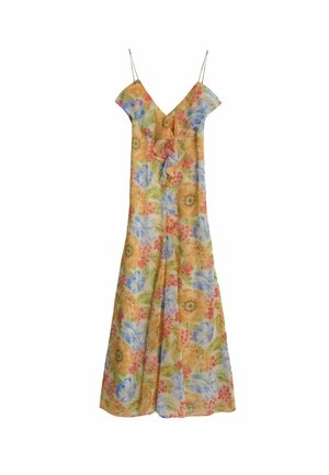 Lange bloemenjurk met dunne bandjes, V-hals en ruchesdetail in pastelgeel, blauw, groen en koraalkleuren op een lichte achtergrond.