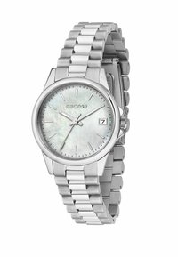 Orologio in acciaio inossidabile argentato con quadrante rotondo, quadrante in madreperla, indicatori delle ore argentati e una finestra della data alle 3.
