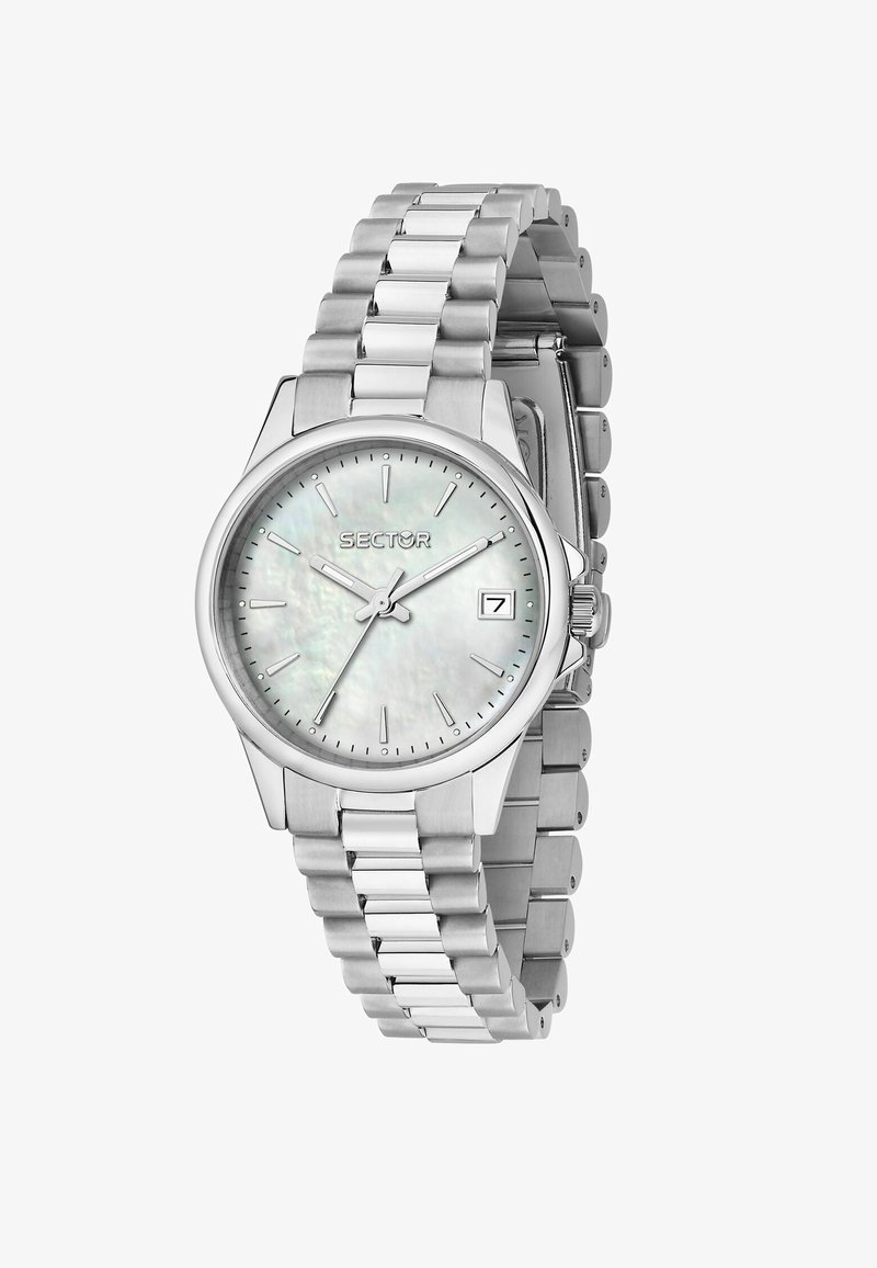 Orologio in acciaio inossidabile argentato con quadrante rotondo, quadrante in madreperla, indicatori delle ore argentati e una finestra della data alle 3.