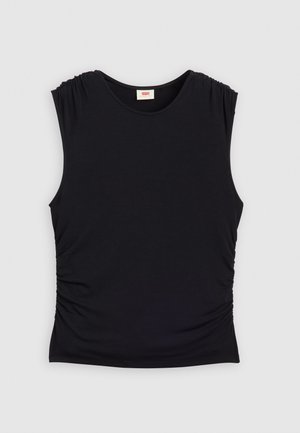 Črni brezrokavnik s nabranimi rameni, okroglo izrezom in oprijetim siluetom. Narejen iz mehkega, raztegljivega materiala.