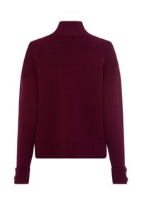 Burgunderfarbener Pullover mit hohem Kragen, gerippten Bündchen und Saum. Verfügt über zwei Knopfakzente an den Ärmeln. Weiche, gestrickte Textur.