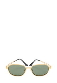 Okulary przeciwsłoneczne z metalową złotą oprawą, zielonymi szkłami owalnego, wydłużonego kształtu, cienkimi czarnymi zausznikami i minimalistycznym zdobieniem.