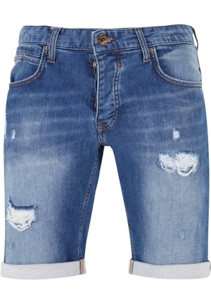 Denim shorts in a medium blue shade with distressed details and rolled cuffs. Features five pockets and a button-fly closure.