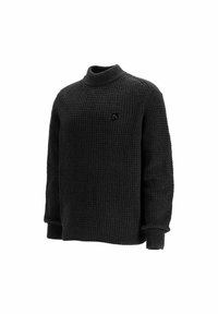Schwarzer Pullover mit Waffelstrickmuster, Stehkragen, gerippten Bündchen und einem kleinen Logopatch auf der Brust. Dickes, strukturiertes Material.