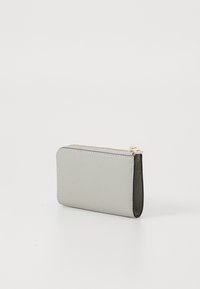 Grey textured leather wallet with a rectangular shape, gold zipper closure, and contrasting dark edges. Compact design for easy storage.