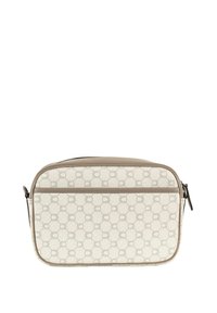 Borsa a tracolla beige con motivo geometrico, texture liscia, dettagli marrone chiaro e chiusura con zip. Presenta una tasca frontale per ulteriore spazio di archiviazione.