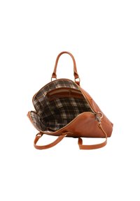 Borsa a tracolla in pelle marrone con chiusura a zip, con foderatura in tessuto a motivi tartan. Due manici e un ampio interno aperto con tasche.