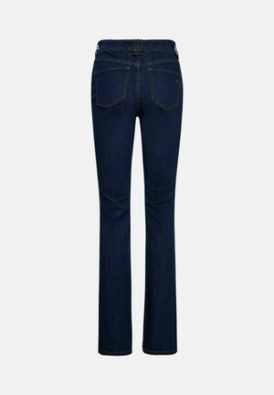 Mørkeblå straight-leg denimjeans med to baglommer og bæltestropper, vist bagfra på en ensfarvet baggrund.